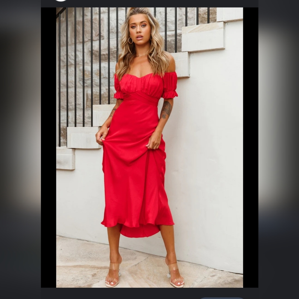 Off-Shoulder Red Midi Dress - Classic Ladies' Cocktail Dress